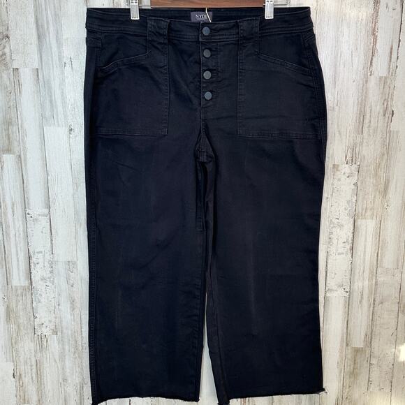 NYDJ Denim - NYDJ Button Fly Jeans Size 14W Black Wide Leg Lift Tuck Tech Raw Hem Preppy EUC